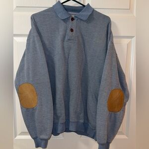 Orvis Sweater VTGMen's L Henley Leather Elbow Patch BlueWhite Pullover